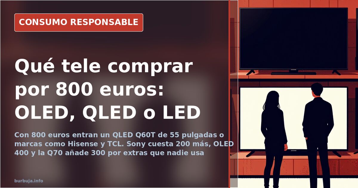 Comparativa de televisores QLED, OLED e IPS en una tienda con etiquetas de precio para elegir tele por 800 euros
