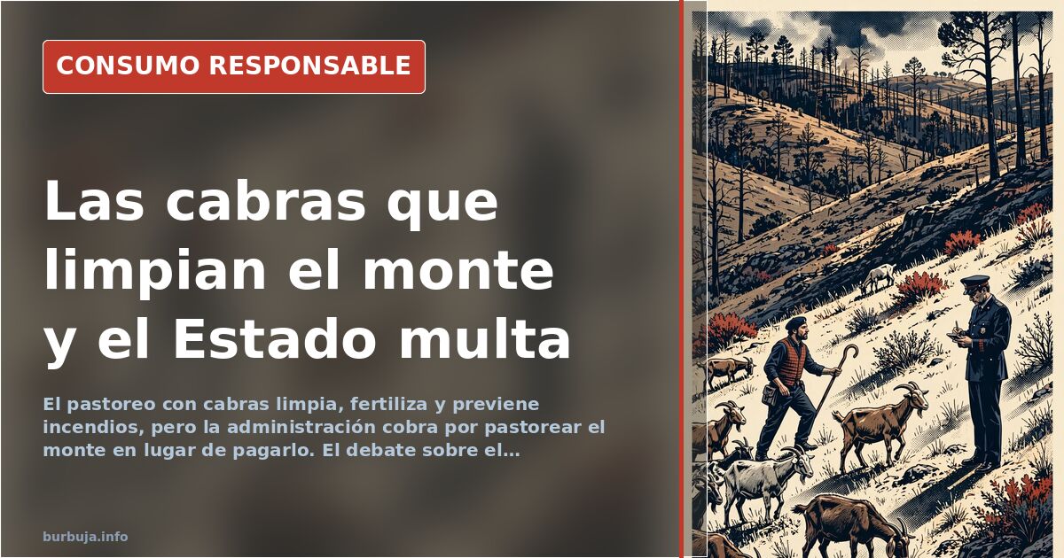 Rebaño de cabras pastando bajo árboles en un monte mediterráneo con matorral y sendas abiertas entre la vegetación