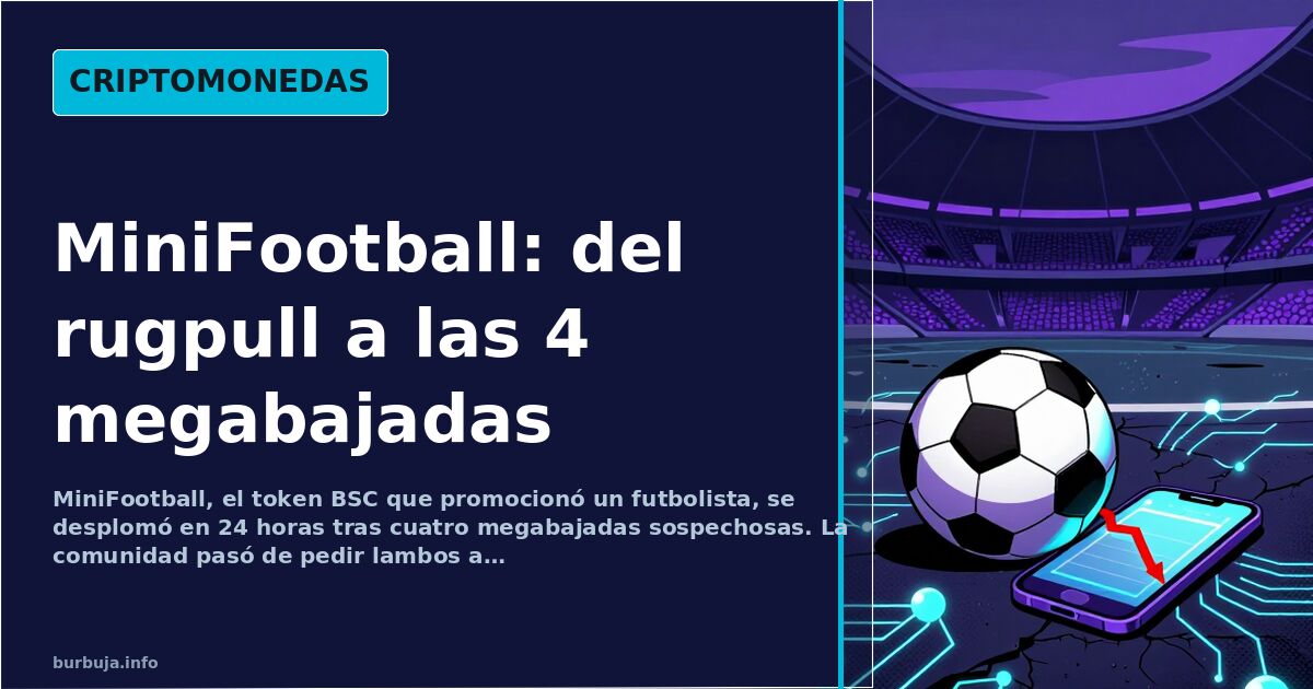 Gráfico de cotización del token MiniFootball en caída libre con nodos de blockchain y circuitos en tonos neón