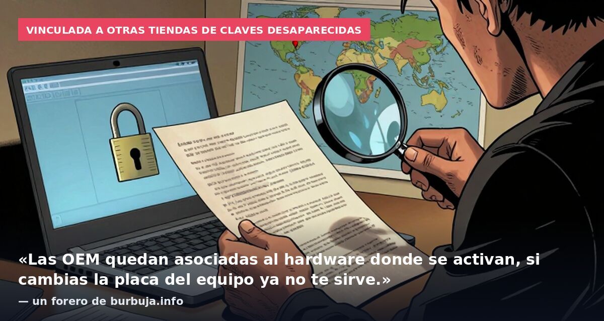 Vinculada a otras tiendas de claves desaparecidas: «Las OEM quedan asociadas al hardware donde se activan, si cambias la placa del equipo ya no te sirve.» — un forero de burbuja.info