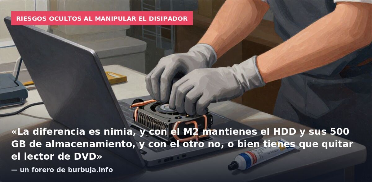 Riesgos ocultos al manipular el disipador: «La diferencia es nimia, y con el M2 mantienes el HDD y sus 500 GB de almacenamiento, y con el otro no, o bien tienes que quitar el lector de DVD» — un forero de burbuja.info