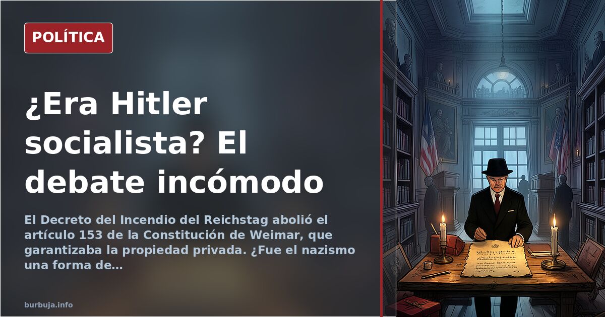 Ilustración editorial de un parlamento con esvásticas y martillos, símbolos del nacionalsocialismo y el socialismo, en tonos 