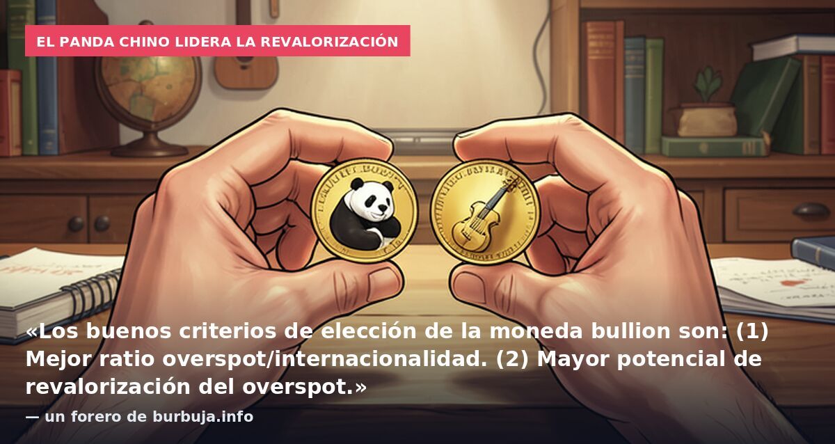 El panda chino lidera la revalorización: «Los buenos criterios de elección de la moneda bullion son: (1) Mejor ratio overspot/internacionalidad. (2) Mayor potencial de revalorización del overspot.» — un forero de burbuja.info