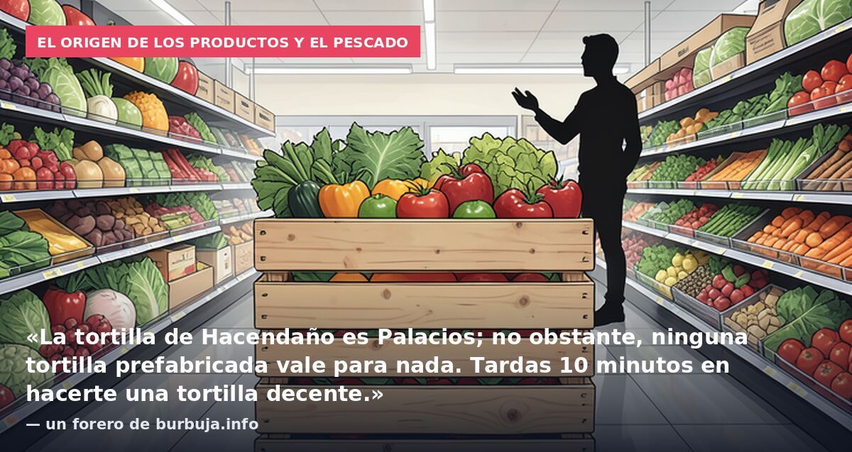 El origen de los productos y el pescado: «La tortilla de Hacendaño es Palacios; no obstante, ninguna tortilla prefabricada vale para nada. Tardas 10 minutos en hacerte una tortilla decente.» — un forero de burbuja.info