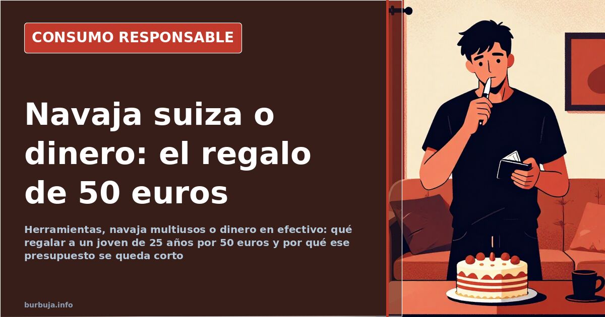Navaja multiusos suiza abierta sobre una mesa de taller junto a un billete de 50 euros
