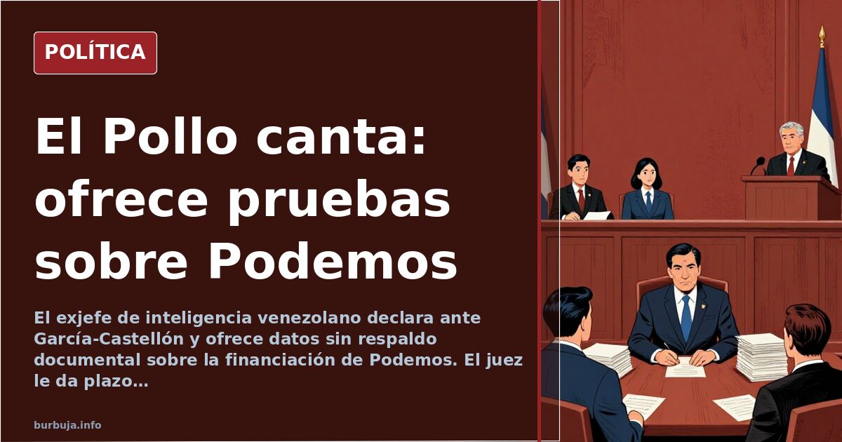Ilustración editorial de un exgeneral venezolano declarando ante un juez en la Audiencia Nacional, con banderas de España y V
