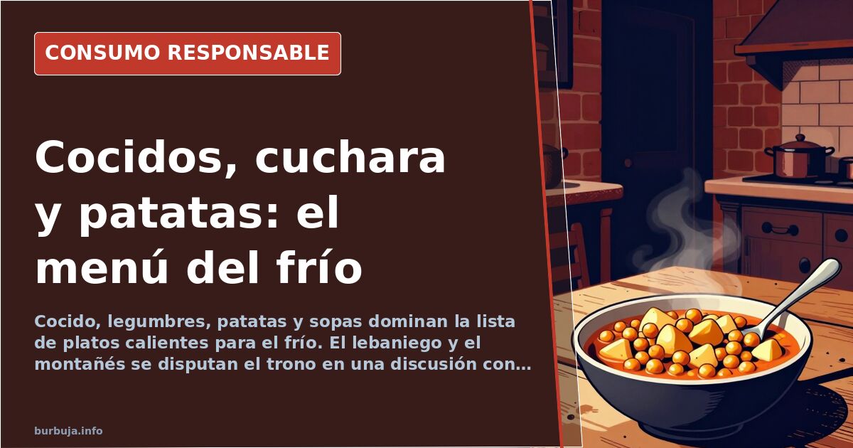 Olla de cocido humeante con garbanzos, patatas y verduras sobre una mesa de madera en un día frío de otoño