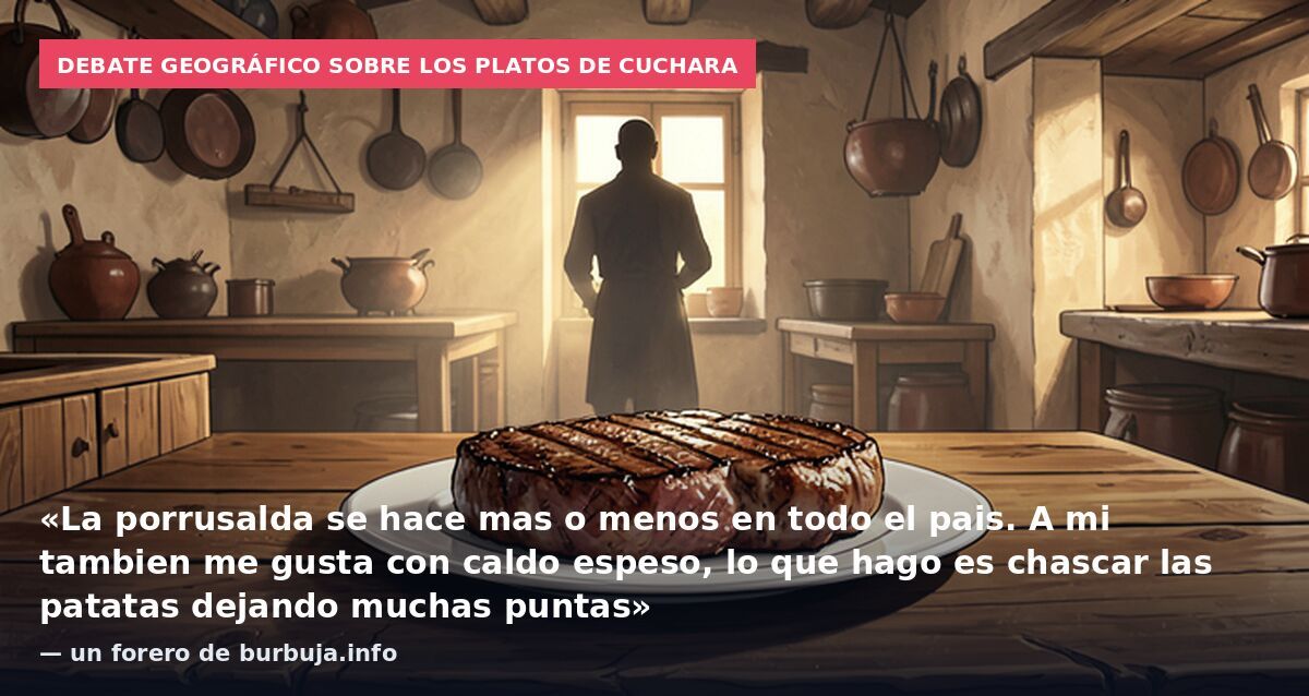 Debate geográfico sobre los platos de cuchara: «La porrusalda se hace mas o menos en todo el pais. A mi tambien me gusta con caldo espeso, lo que hago es chascar las patatas dejando muchas puntas» — un forero de burbuja.info