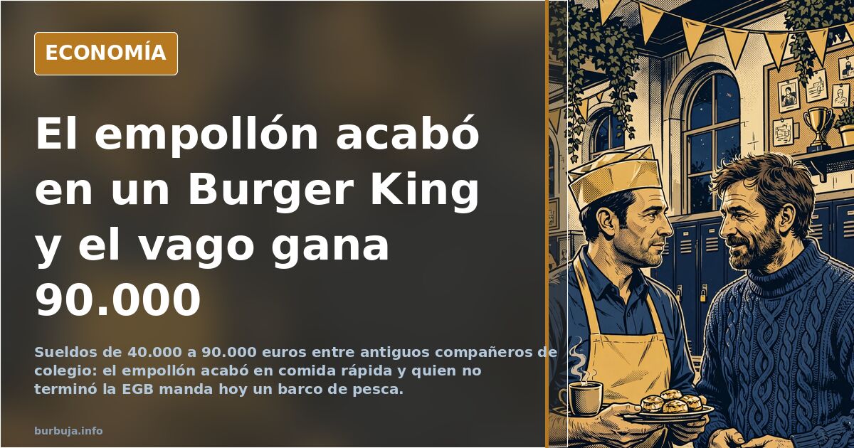 Ilustración de una reunión de antiguos compañeros de colegio en torno a una mesa, con trayectorias y sueldos muy dispares