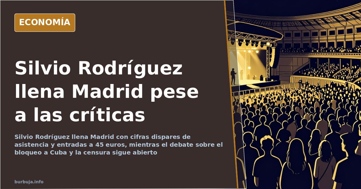 Ilustración editorial de un escenario con guitarra y micrófono bajo luces doradas sobre fondo azul marino, evocando el concie