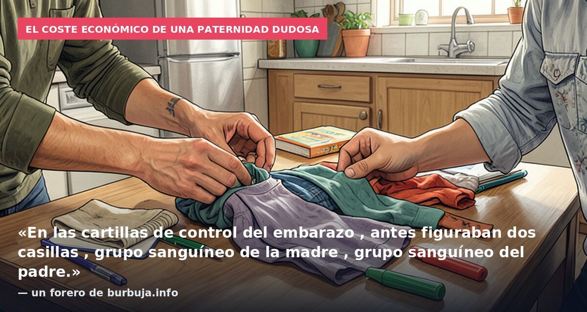 El coste económico de una paternidad dudosa: «En las cartillas de control del embarazo , antes figuraban dos casillas , grupo sanguíneo de la madre , grupo sanguíneo del padre.» — un forero de burbuja.info