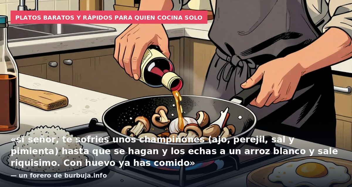 Platos baratos y rápidos para quien cocina solo: «sí señor, te sofries unos champiñones (ajo, perejil, sal y pimienta) hasta que se hagan y los echas a un arroz blanco y sale riquisimo. Con huevo ya has comido» — un forero de burbuja.info