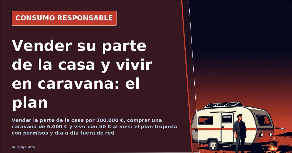 Caravana aparcada en un terreno rústico junto a paneles solares, garrafas de agua y una bombona de butano al atardecer