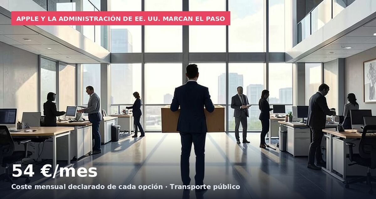 Apple y la Administración de EE. UU. marcan el paso: 54 €/mes Coste mensual declarado de cada opción · Transporte público