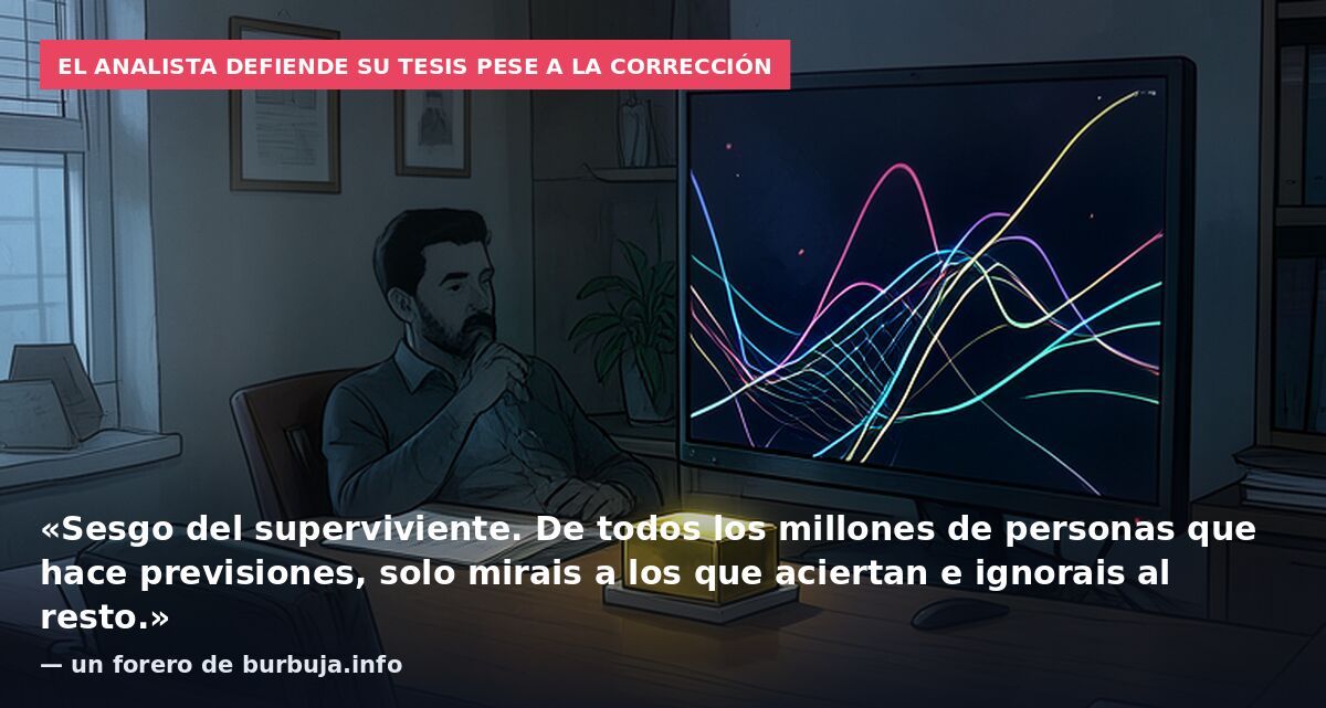 El analista defiende su tesis pese a la corrección: «Sesgo del superviviente. De todos los millones de personas que hace previsiones, solo mirais a los que aciertan e ignorais al resto.» — un forero de burbuja.info