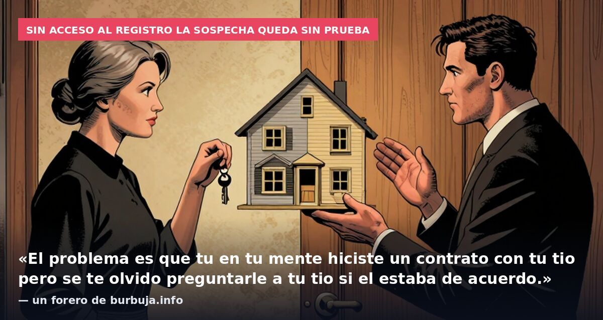 Sin acceso al registro la sospecha queda sin prueba: «El problema es que tu en tu mente hiciste un contrato con tu tio pero se te olvido preguntarle a tu tio si el estaba de acuerdo.» — un forero de burbuja.info