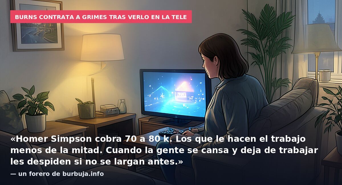 Burns contrata a Grimes tras verlo en la tele: «Homer Simpson cobra 70 a 80 k. Los que le hacen el trabajo menos de la mitad. Cuando la gente se cansa y deja de trabajar les despiden si no se largan antes.» — un forero de burbuja.info