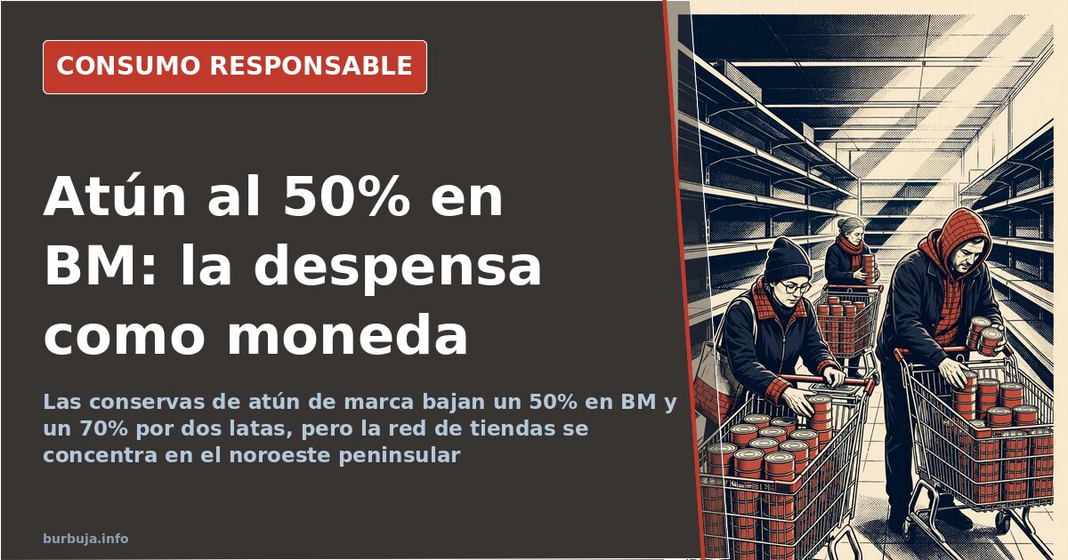 Varias latas de conservas de atún y bonito del norte apiladas en el lineal de un supermercado con etiquetas de oferta