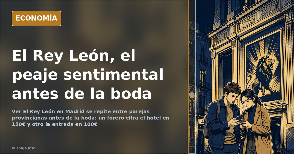 Ilustración editorial de una pareja provinciana ante el cartel del musical El Rey León en un teatro de Madrid antes de su bod