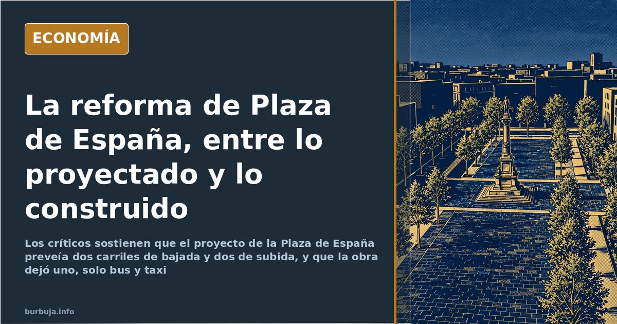 Plaza de España de Madrid tras la reforma con gran explanada de piedra, arbolado joven y monumento central