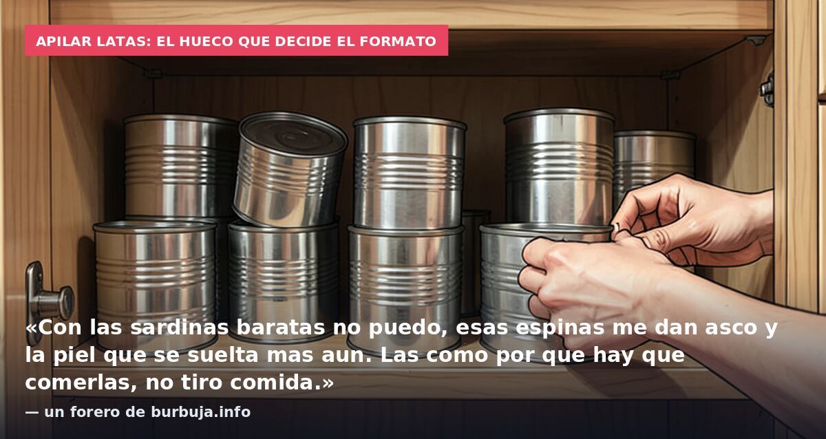 Apilar latas: el hueco que decide el formato: «Con las sardinas baratas no puedo, esas espinas me dan asco y la piel que se suelta mas aun. Las como por que hay que comerlas, no tiro comida.» — un forero de burbuja.info