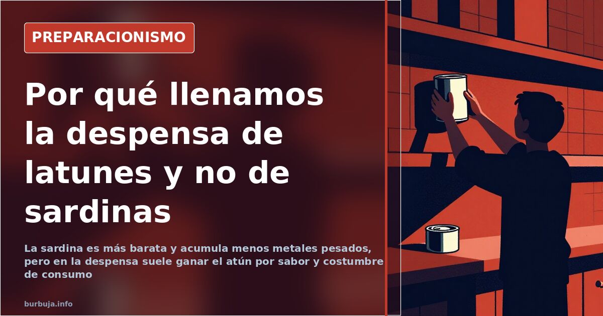 Latas de conservas de pescado apiladas en una despensa, comparando latunes de atún y latas de sardinas para almacenamiento