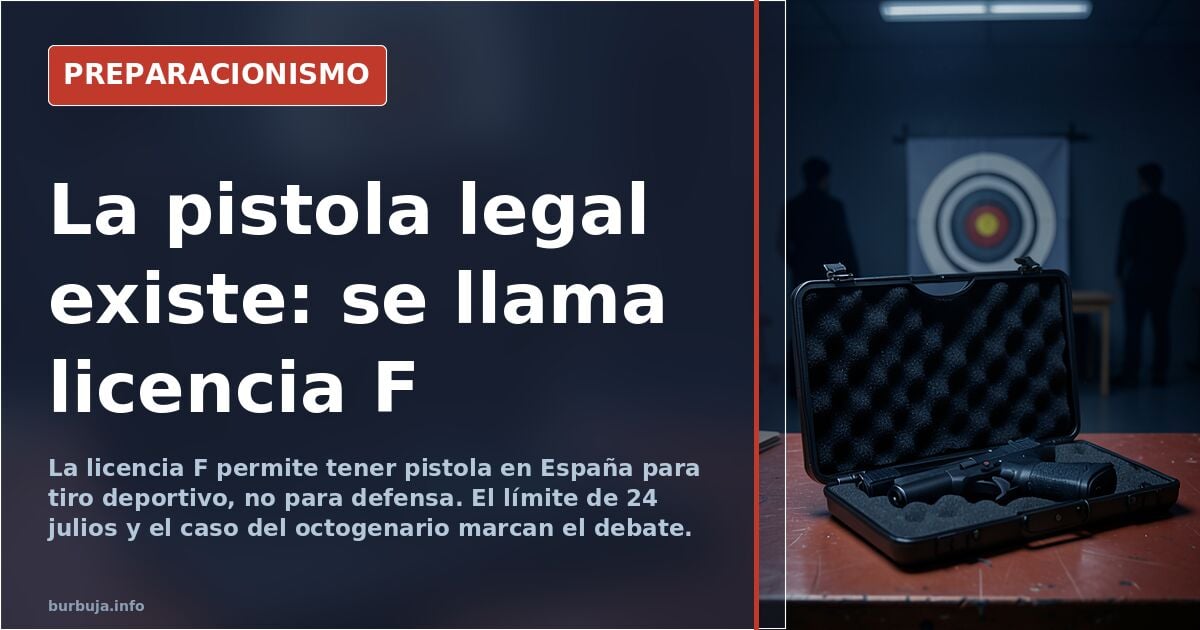 Pistola deportiva sobre mesa de armero junto a documentación de licencia de armas y dianas de tiro
