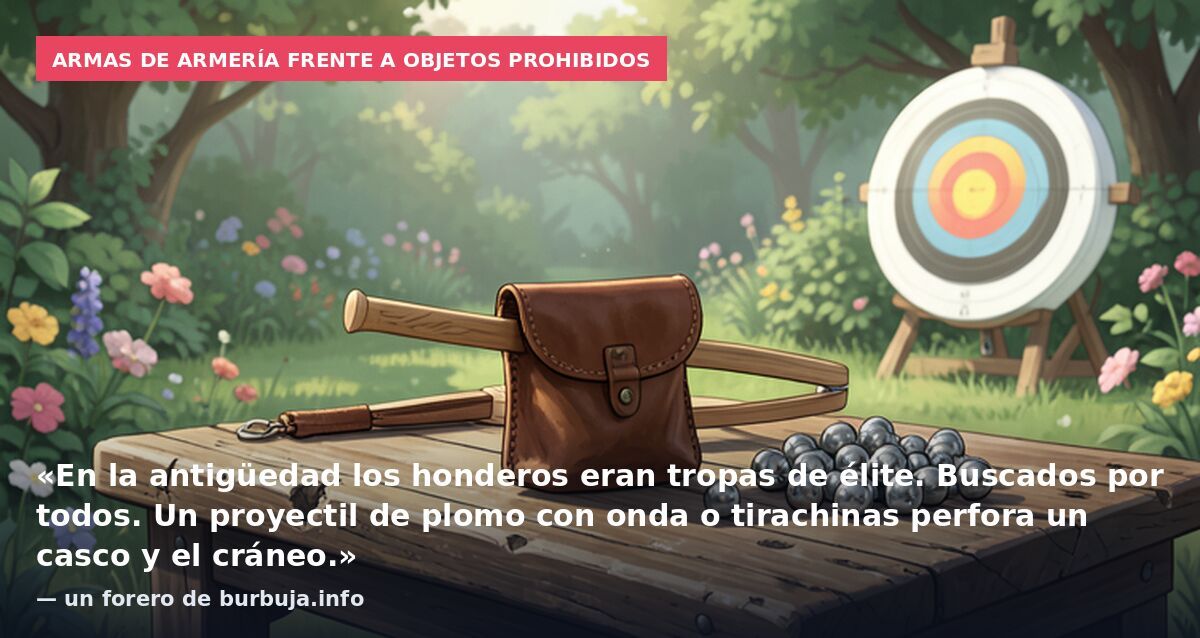 Armas de armería frente a objetos prohibidos: «En la antigüedad los honderos eran tropas de élite. Buscados por todos. Un proyectil de plomo con onda o tirachinas perfora un casco y el cráneo.» — un forero de burbuja.info
