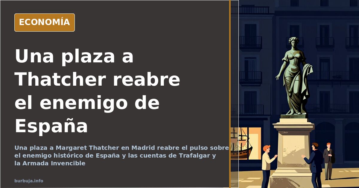 Rótulo de una plaza madrileña con el nombre de Margaret Thatcher sobre un mapa antiguo de España