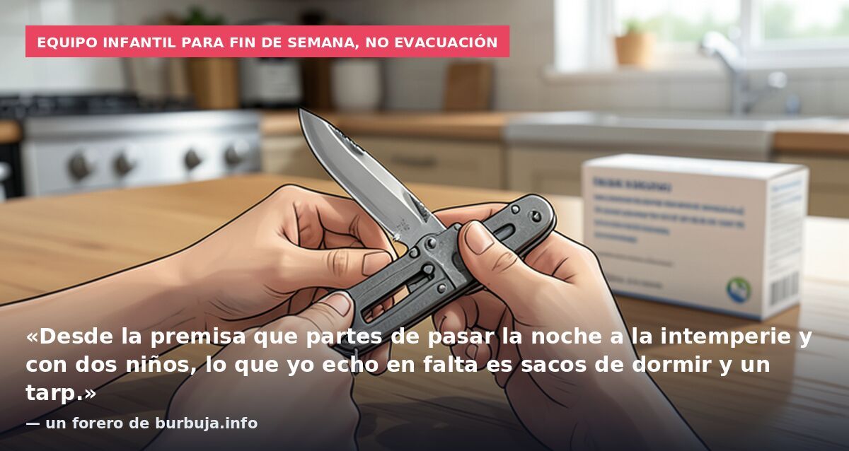 Equipo infantil para fin de semana, no evacuación: «Desde la premisa que partes de pasar la noche a la intemperie y con dos niños, lo que yo echo en falta es sacos de dormir y un tarp.» — un forero de burbuja.info