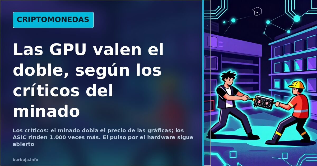 Tarjetas gráficas apiladas entre nodos de blockchain y circuitos en una ilustración digital con resplandor cian y violeta