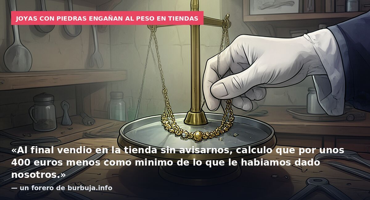 Joyas con piedras engañan al peso en tiendas: «Al final vendio en la tienda sin avisarnos, calculo que por unos 400 euros menos como minimo de lo que le habiamos dado nosotros.» — un forero de burbuja.info