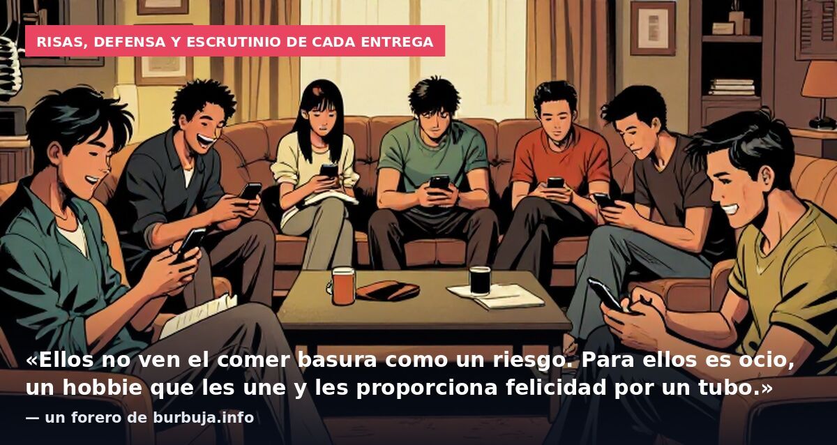 Risas, defensa y escrutinio de cada entrega: «Ellos no ven el comer basura como un riesgo. Para ellos es ocio, un hobbie que les une y les proporciona felicidad por un tubo.» — un forero de burbuja.info