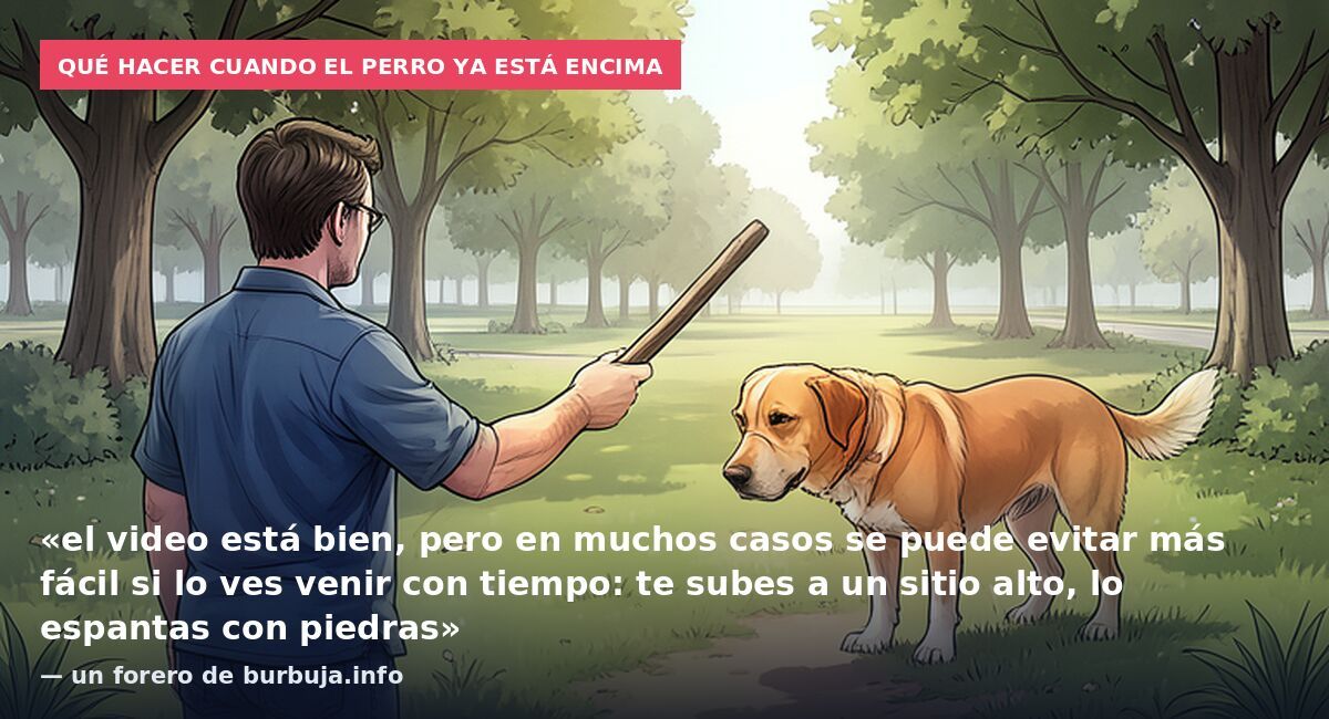 Qué hacer cuando el perro ya está encima: «el video está bien, pero en muchos casos se puede evitar más fácil si lo ves venir con tiempo: te subes a un sitio alto, lo espantas con piedras» — un forero de burbuja.info