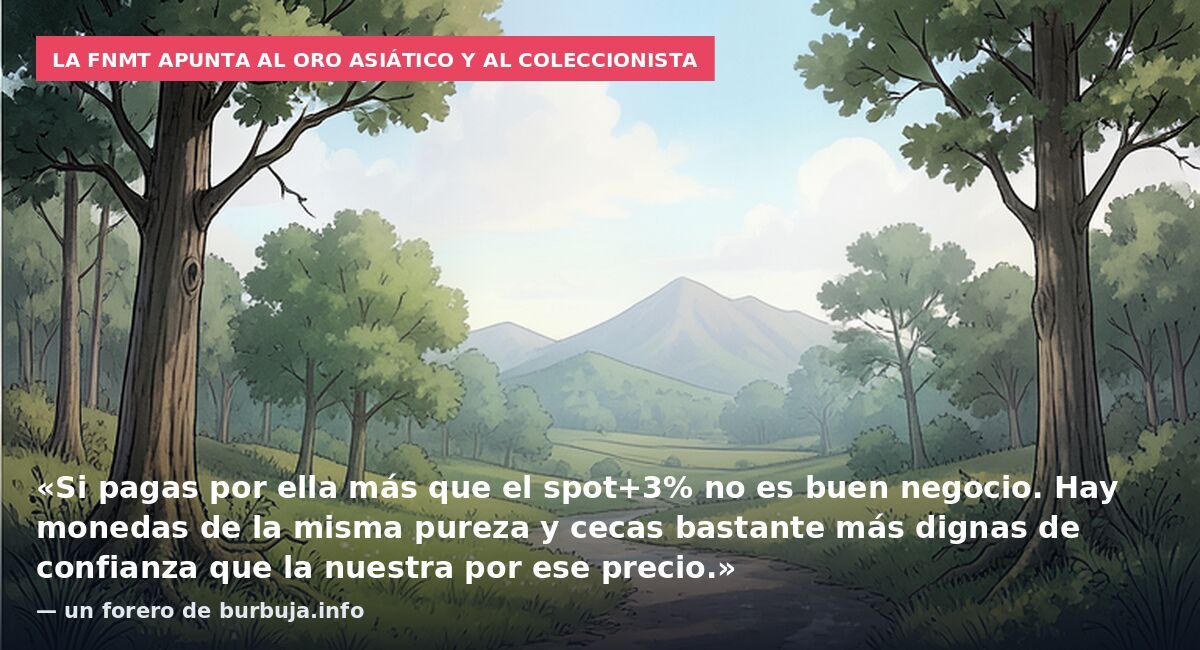 La FNMT apunta al oro asiático y al coleccionista: «Si pagas por ella más que el spot+3% no es buen negocio. Hay monedas de la misma pureza y cecas bastante más dignas de confianza que la nuestra por ese precio.» — un forero de burbuja.info