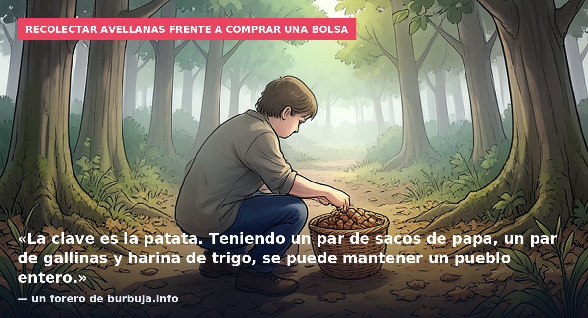 Recolectar avellanas frente a comprar una bolsa: «La clave es la patata. Teniendo un par de sacos de papa, un par de gallinas y harina de trigo, se puede mantener un pueblo entero.» — un forero de burbuja.info