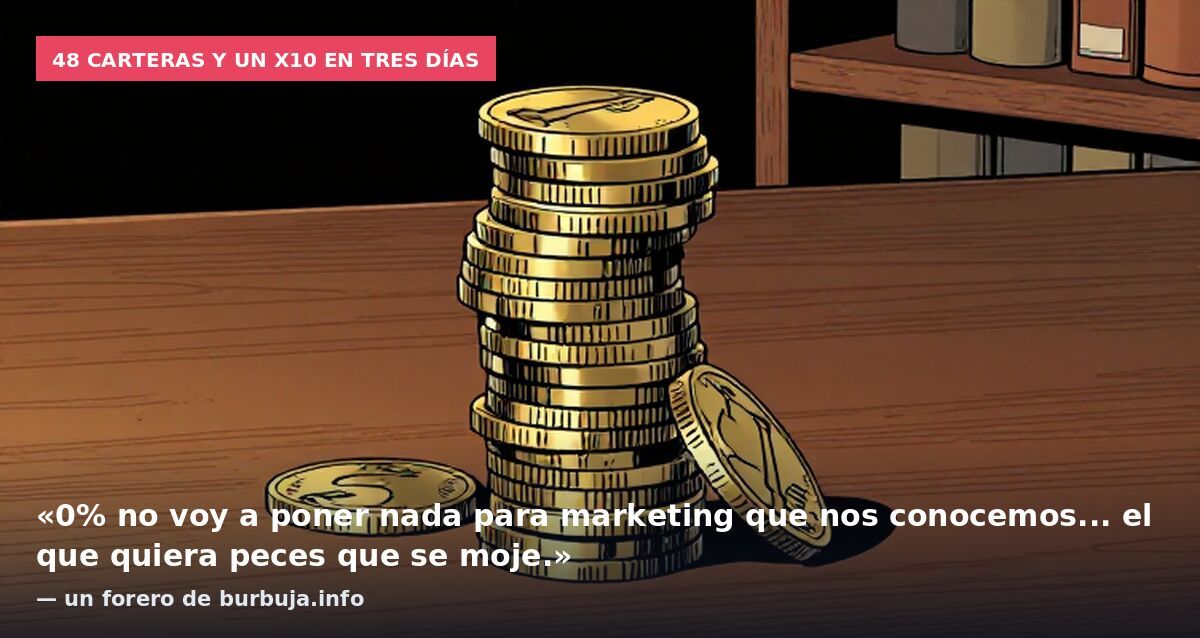 48 carteras y un x10 en tres días: «0% no voy a poner nada para marketing que nos conocemos... el que quiera peces que se moje.» — un forero de burbuja.info