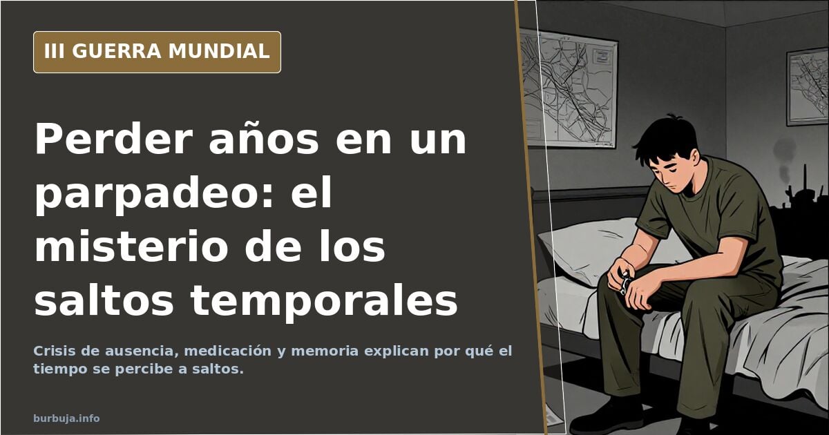 Ilustración documental desaturada de una silueta humana frente a un reloj partido en fragmentos, símbolo de los saltos espaci