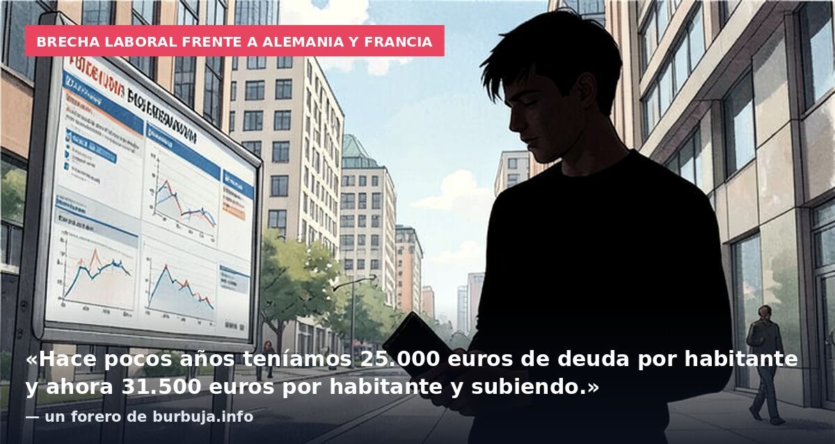 Brecha laboral frente a Alemania y Francia: «Hace pocos años teníamos 25.000 euros de deuda por habitante y ahora 31.500 euros por habitante y subiendo.» — un forero de burbuja.info