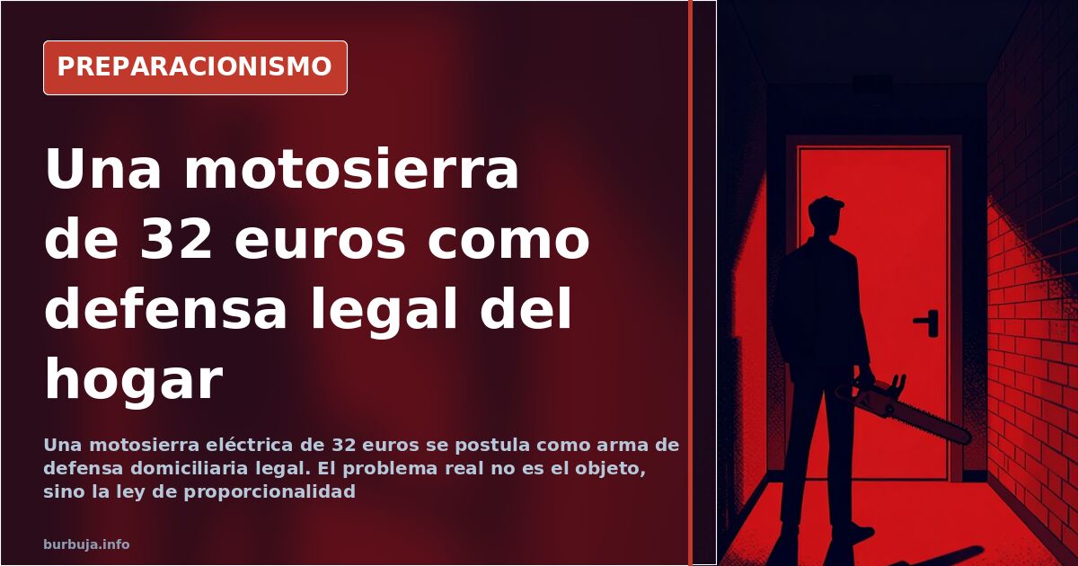 Motosierra eléctrica de batería de litio apoyada junto a la puerta de una casa, planteada como arma de defensa domiciliaria l
