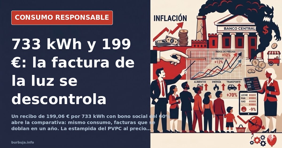 Factura de la luz con importe de 199 euros y consumo de 733 kWh junto a una calculadora y monedas