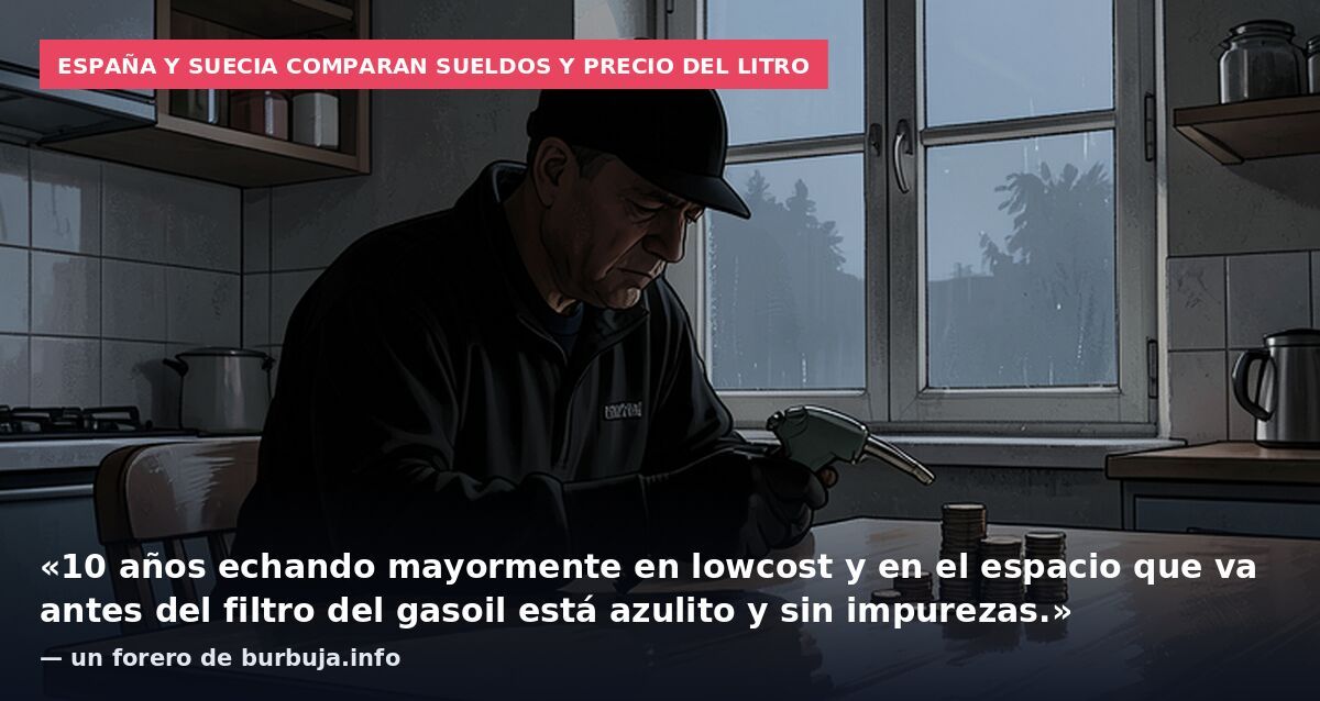 España y Suecia comparan sueldos y precio del litro: «10 años echando mayormente en lowcost y en el espacio que va antes del filtro del gasoil está azulito y sin impurezas.» — un forero de burbuja.info