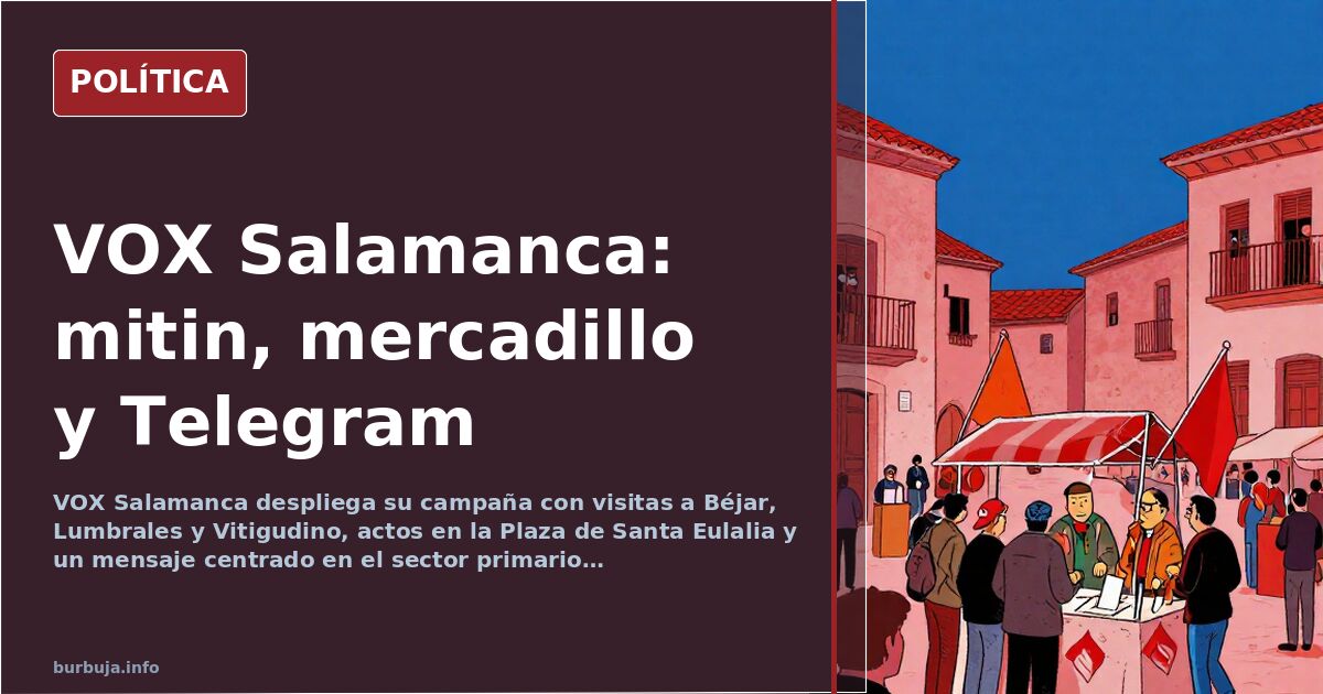 Ilustración editorial de un acto político de VOX en Salamanca con candidatos en un escenario y banderas de España