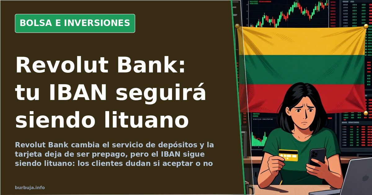 Pantalla con gráficos de mercado en fondo oscuro junto a una tarjeta bancaria y un código IBAN, ilustrando la migración a Rev