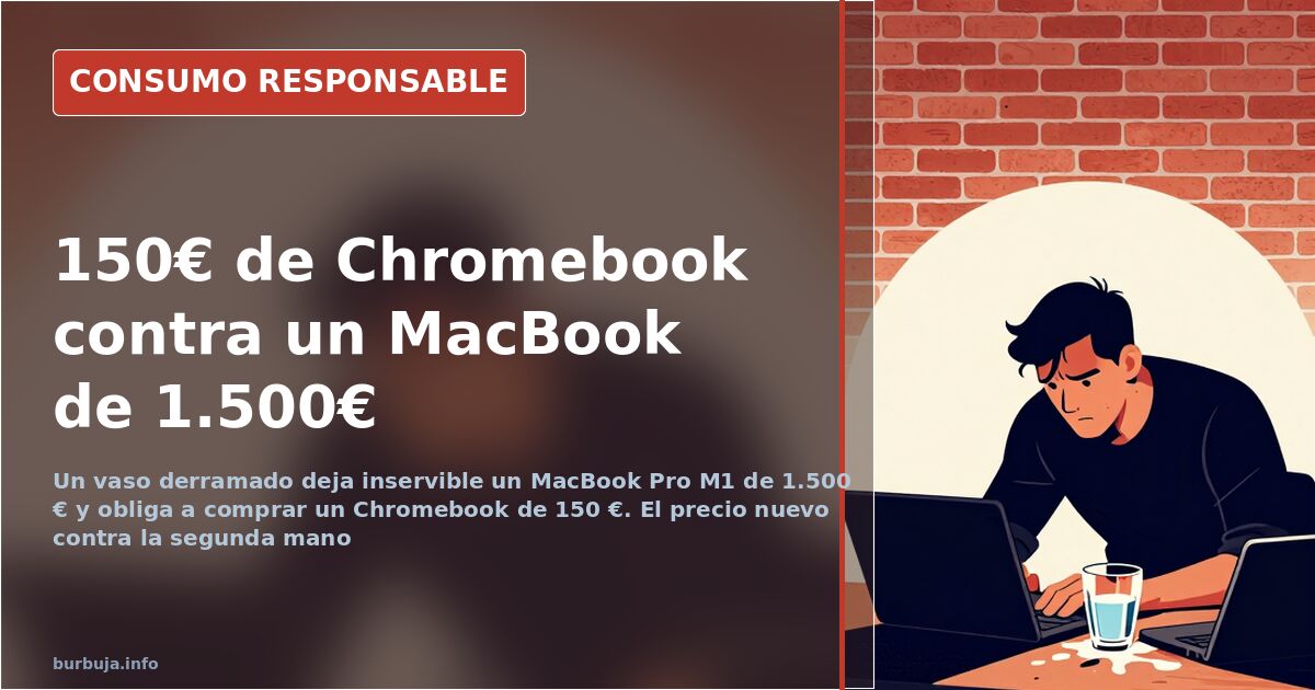 Portátil Chromebook barato de 11 pulgadas junto a un MacBook Pro M1 averiado por un líquido derramado