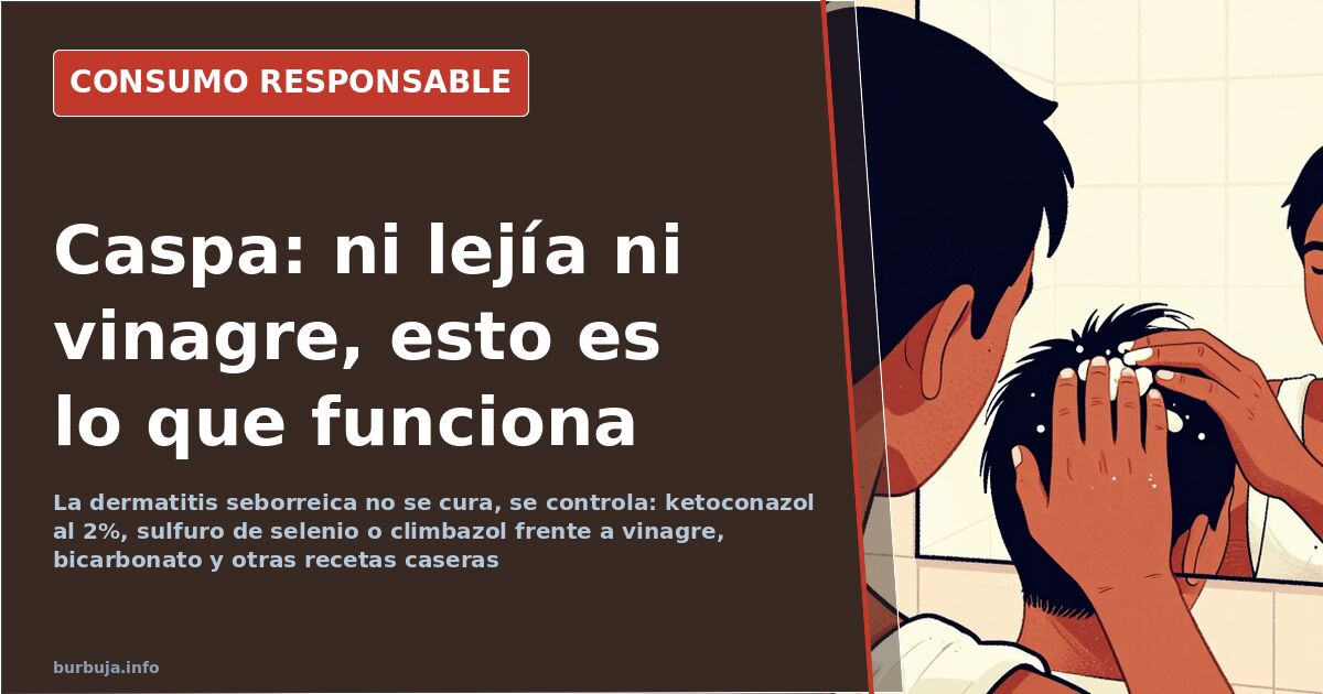 Frasco de champú de farmacia con ketoconazol junto a ingredientes caseros como vinagre y bicarbonato sobre una superficie