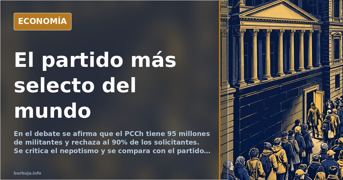 Ilustración editorial de una fila de personas esperando entrar a un edificio oficial chino con una bandera del partido ondean