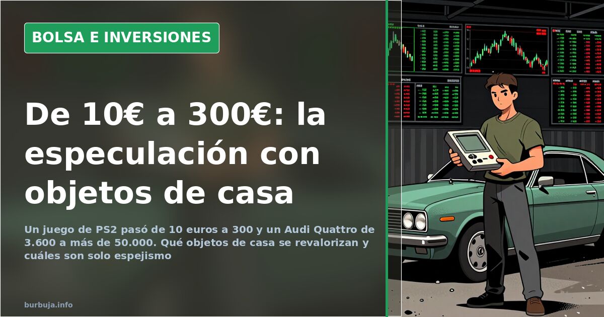 Gráfico de revalorización de objetos de colección: videojuegos retro, coches clásicos y monedas sobre fondo oscuro