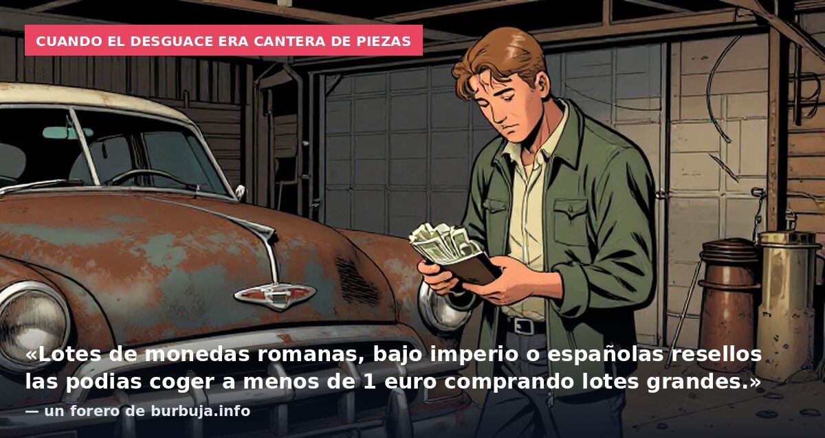 Cuando el desguace era cantera de piezas: «Lotes de monedas romanas, bajo imperio o españolas resellos las podias coger a menos de 1 euro comprando lotes grandes.» — un forero de burbuja.info