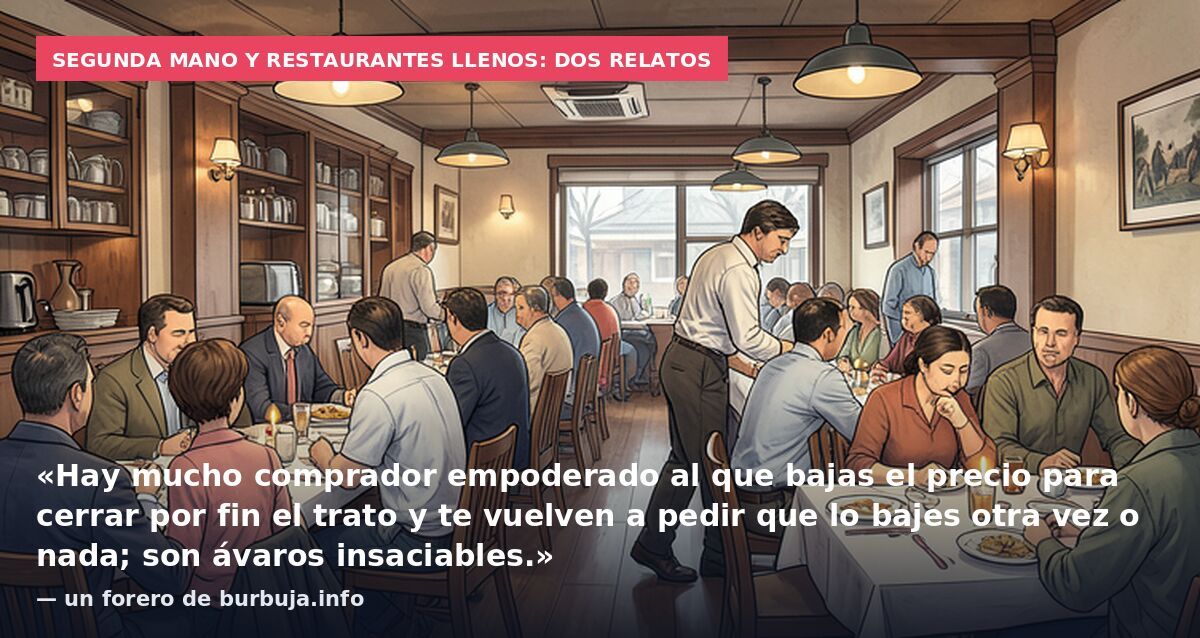 Segunda mano y restaurantes llenos: dos relatos: «Hay mucho comprador empoderado al que bajas el precio para cerrar por fin el trato y te vuelven a pedir que lo bajes otra vez o nada; son ávaros insaciables.» — un forero de burbuja.info